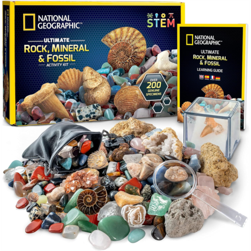 NATIONAL GEOGRAPHIC Rock Collection Box for Kids - 200 Piece Gemstones and Crystals Set Includes Geodes and Real Fossils, Rocks and Minerals Science Kit for Kids, A Geology Gift fo