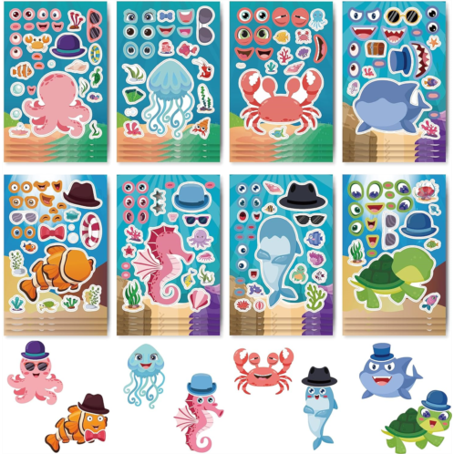 Generic 32Pcs 5.9×8.3Make-a-face Sticker Sheeets,Ocean Stickers,Make Your Own Sea Stickers, Assorted and Match Sticker Sheets with Safaris Sea Animals and Mermaid,Kids Party Faver Supplies