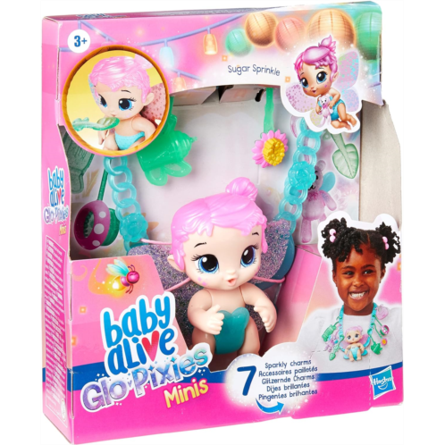 Baby Alive Glo Pixies Minis Carry ‘n Care Necklace, Sugar Sprinkle, 3.75-Inch Pixie Doll Toy with Doll Carrier and Nurturing Charm Necklace