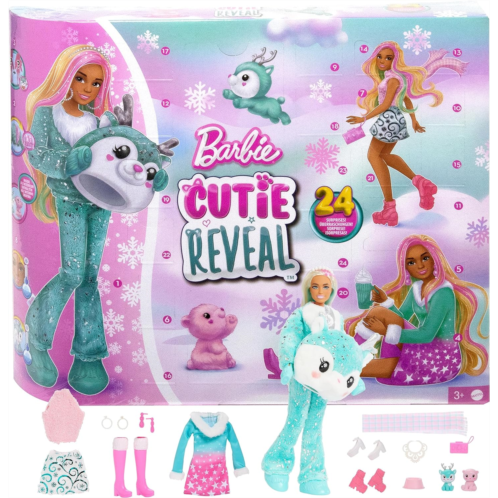 Barbie Cutie Reveal Advent Calendar with Doll & 24 Unboxing Surprises, Holiday Advent Calendar with Color Change