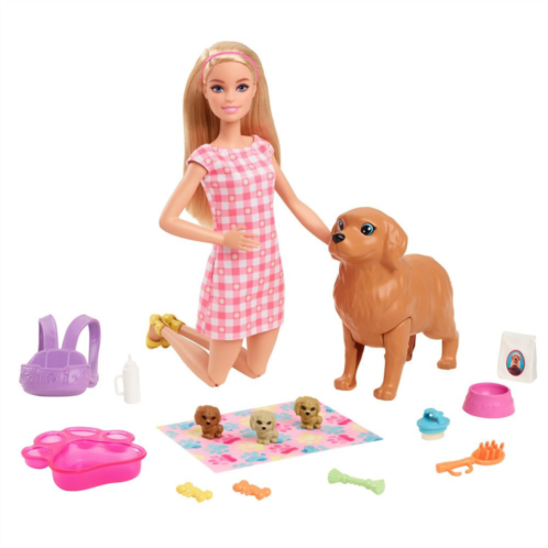Barbie Doll Newborn Pups Playset with Blonde Doll, Mommy Dog and 3 Puppies, Kids Toys