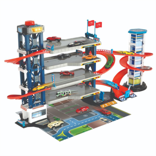 Dickie Toys Parking Garage Playset With 4 Die-Cast Cars And Die-Cast Helicopter