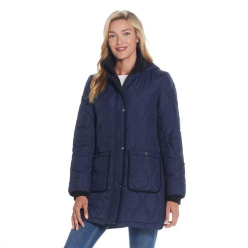 Womens Weathercast Hood Ribbed-Trim Quilted Walker Jacket