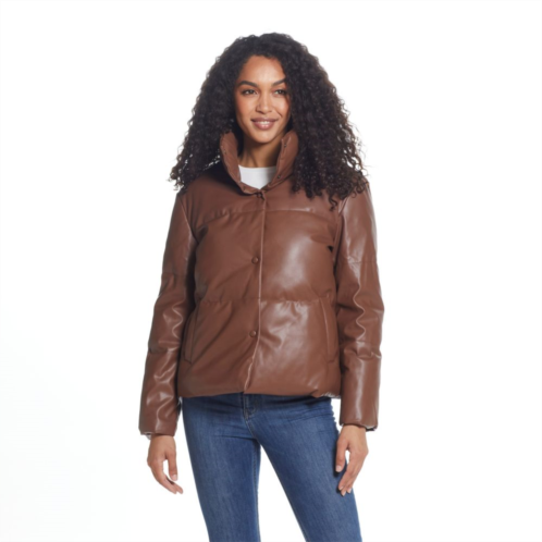 Womens Weathercast Faux-Leather Puffer Coat