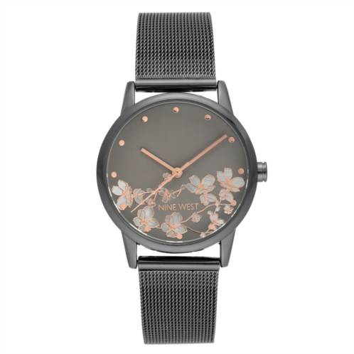 Nine West Womens Gray Stainless Steel Mesh Bracelet Watch with Flower Dial
