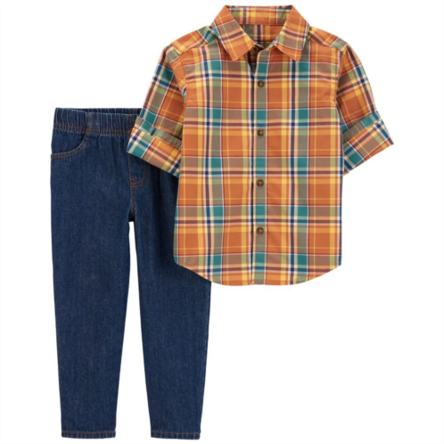 Toddler Boy Carters Plaid Button Down Shirt & Pull-On Denim Pants Set