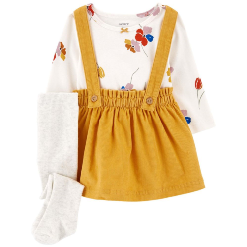 Baby Girl Carters 3-Piece Floral Tee, Corduroy Jumper, & Tights Set