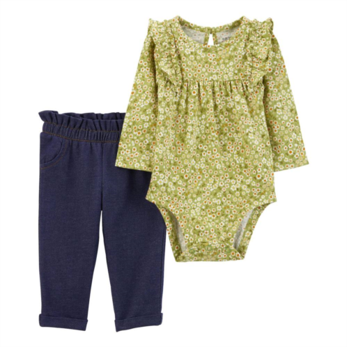 Baby Girl Carters 2-Piece Ruffled Floral Bodysuit & Paper Bag Denim Pants Set