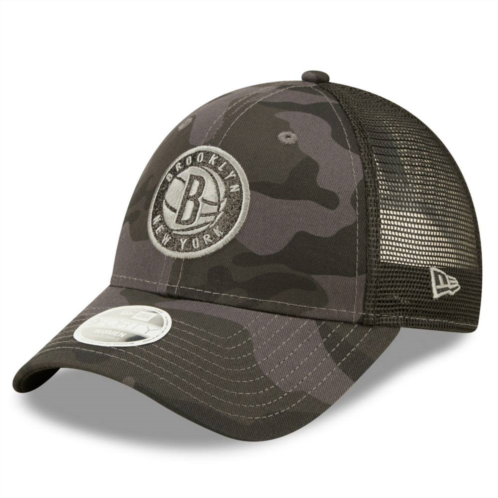 Womens New Era Charcoal Brooklyn Nets Camo Glam 9FORTY Trucker Snapback Hat
