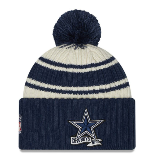 Mens New Era Cream/Navy Dallas Cowboys 2022 Sideline Sport Cuffed Pom Knit Hat