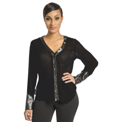 Poetic Justice Brandi V-Neck Blouse With Button Front & Vegan Leather Trim
