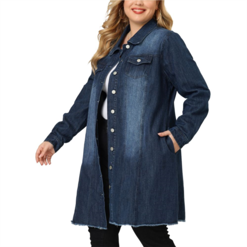 Agnes Orinda Womens Plus Size Ripped Long Sleeve Mid Length Denim Jacket