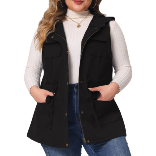 Agnes Orinda Womens Plus Size Utility Vest Sleeveless Anorak Cargo Drawstring Jacket