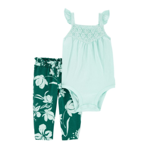 Baby Girl Carters Lace Neck Flutter Sleeve Bodysuit & Tropical Print Pants Set