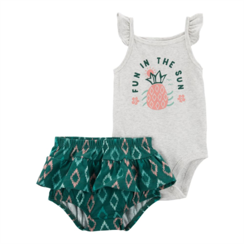 Baby Girl Carters Fun In The Sun Pineapple Bodysuit & Ruffly Geo Print Diaper Cover Set
