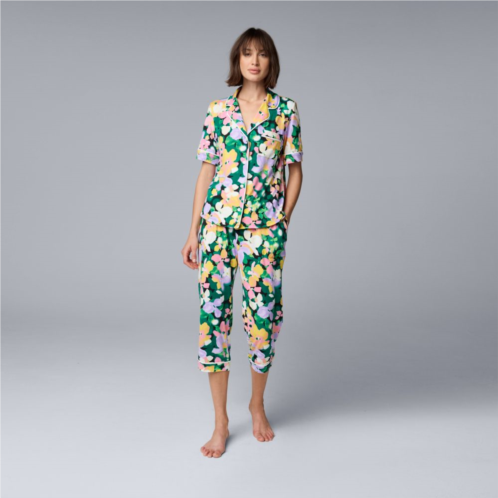 Womens Simply Vera Vera Wang Cozy Short Sleeve Notch Collar Pajama Top & Pajama Capris Set
