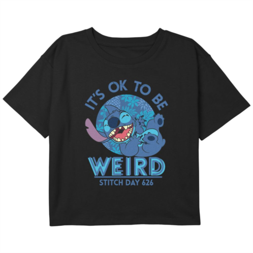 Licensed Character Disneys Girls Lilo & Stitch 626 Stitch Day Its OK To Be Weird Boxy Crop Tee