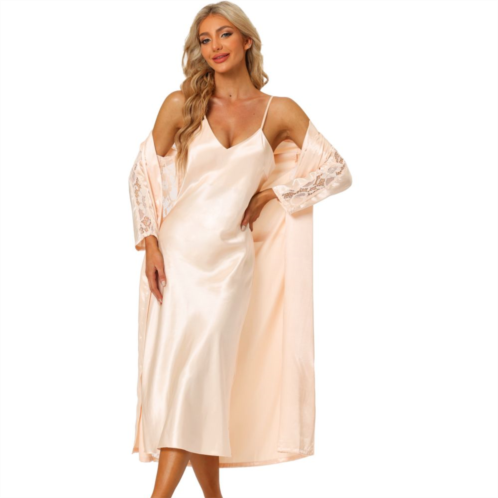 Cheibear Women Satin Nightwear Robe And Nightgown Set Lace Long Sleeve