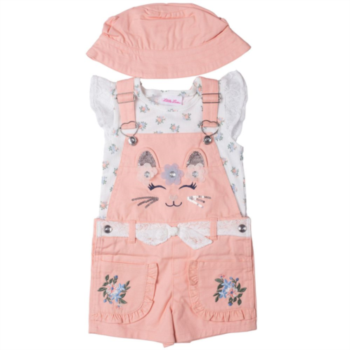 Baby & Toddler Girl Little Lass 3-Piece Flutter Tee, Bunny Overall Shorts & Bucket Hat Set