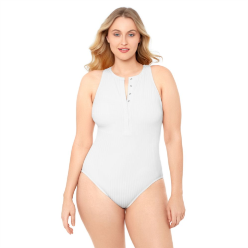 Womens S3 Swim Smoothing Ribbed High Neck Snap Front One Piece Swimsuit