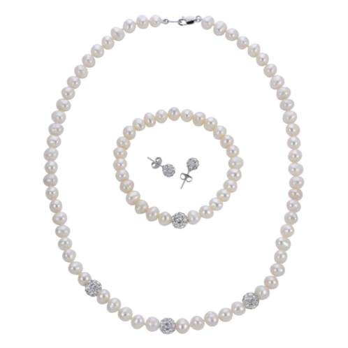 PearLustre by Imperial Sterling Silver Freshwater Cultured Pearl and Crystal Bead Necklace, Bracelet, and Earrings Set