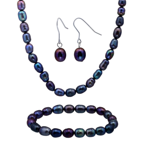 Aleure Precioso 3-Piece Sterling Silver Dyed Peacock Cultured Freshwater Pearl Necklace, Bracelet & Earring Set