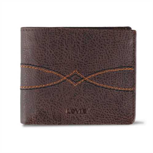 Mens Levis RFID-Blocking Western Stitched Extra-Capacity Genuine Leather Bifold Wallet