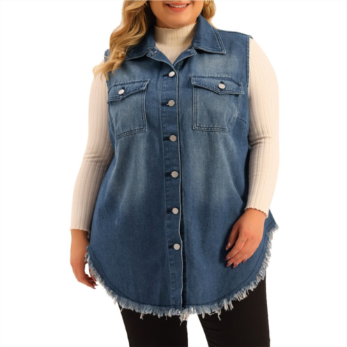 Agnes Orinda Womens Plus Size Button Up Frayed Hem Shacket Sleeveless Pockets Denim Jean Jacket Vest
