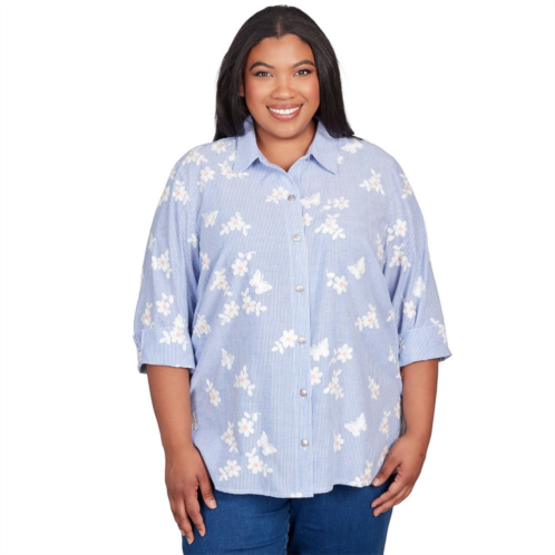 Plus Size Alfred Dunner Butterfly Embroidery Collared Button Down Top
