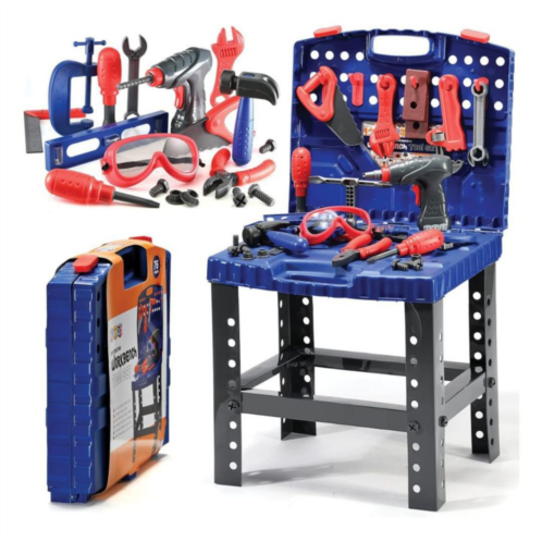 Play22 76 Pcs Kids Tool Bench Set, Foldable Tool Set with Electronic Play Drill Construction Workshop