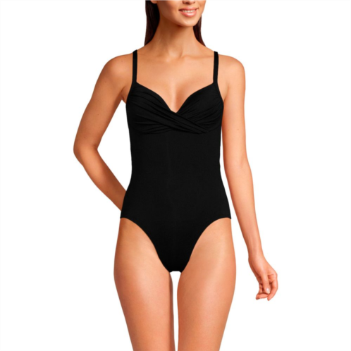 Womens Long Lands End Bust Enhancing Tummy Slimming Draped Sweetheart Neck One-Piece Swimsuit