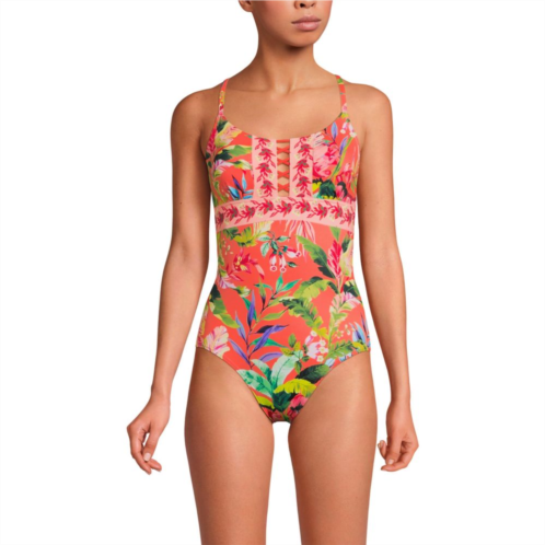 Womens Lands End Front Lace-Up Scoopneck One-Piece Swimsuit