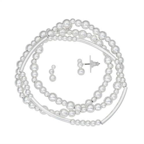 Nine West Silver Tone 3 Row Beaded Sphere Bracelet & Earring Set