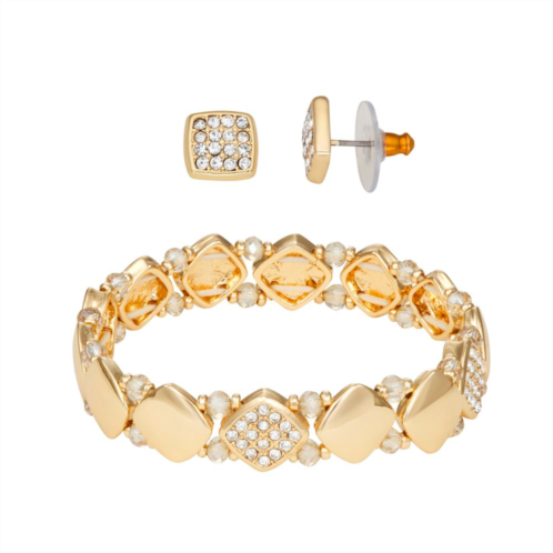 Nine West Gold Tone Crystal Navette Bracelet & Stud Earring Set
