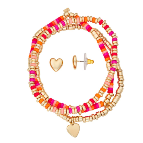 Nine West Gold Tone Colorful 3 Row Beaded Heart Bracelet & Stud Earring Set
