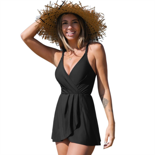 Womens CUPSHE Black V-Neck Ruffled Swim Dress