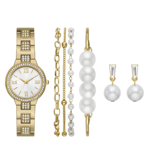 Folio Womens Gold Tone Watch, Bracelet & Earrings Set