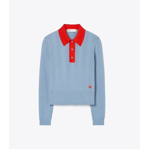 Tory Burch LONG-SLEEVE COTTON POINTELLE POLO