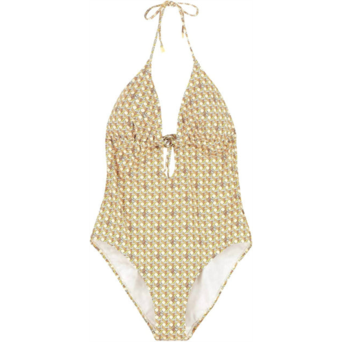 TORY BURCH women printed ring halter tie strap one-piece swimsuit 3d checkered in lime
