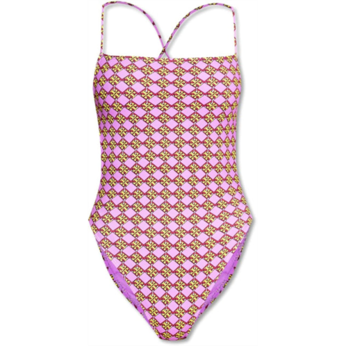 TORY BURCH womens 3d drawstring back checkered one piece swimsuit in lavender