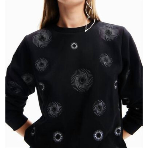 Desigual geometric embroidered sweatshirt in black w/silver stiching