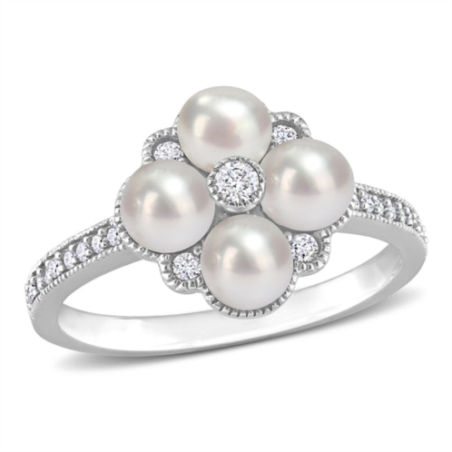 Mimi & Max cultured freshwater pearl and 1/6 ct tdw diamond cluster ring in 14k white gold