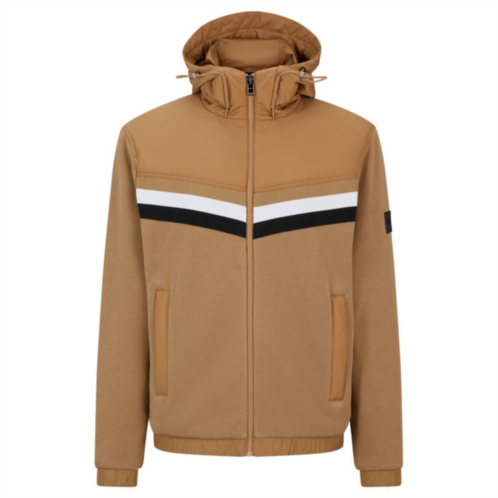 BOSS mixed-material zip-up hoodie with signature-stripe detail