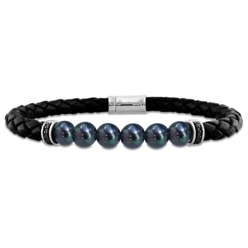 Mimi & Max 7.5-8mm mens black cultured freshwater pearl braided black leather bracelet with diamond accents - 9 in.