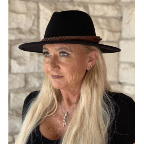 Jen & Co. debbie braided trim wide brim fedora hat in black
