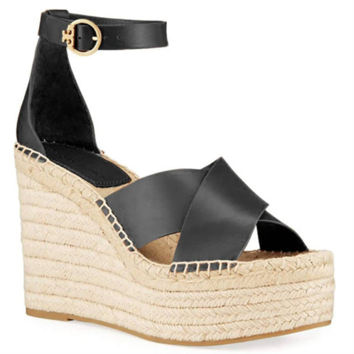 TORY BURCH womens selby leather high wedge heel adjustable ankle strap espadrilles sandals in black