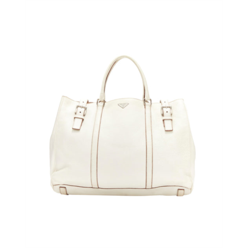 Prada ivory white grained leather silver triangle logo buckle strap tote bag