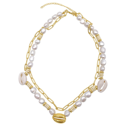 Adornia pearl and shell with paper clip chain double necklace gold