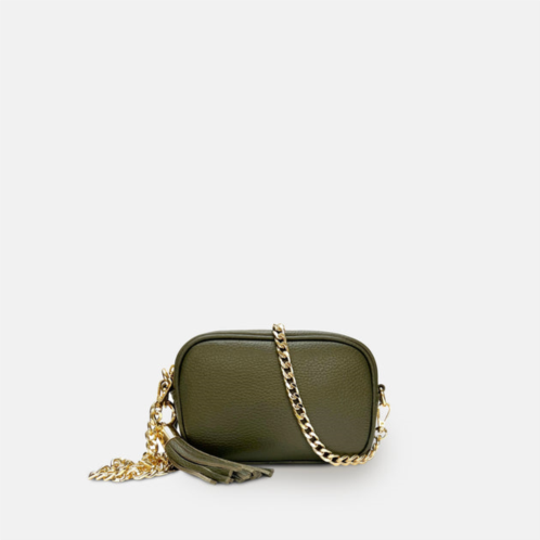 Apatchy London the mini tassel olive green leather phone bag with gold chain crossbody strap