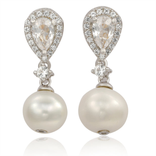 Suzy Levian sterling silver pearl & pear shape white sapphire earrings
